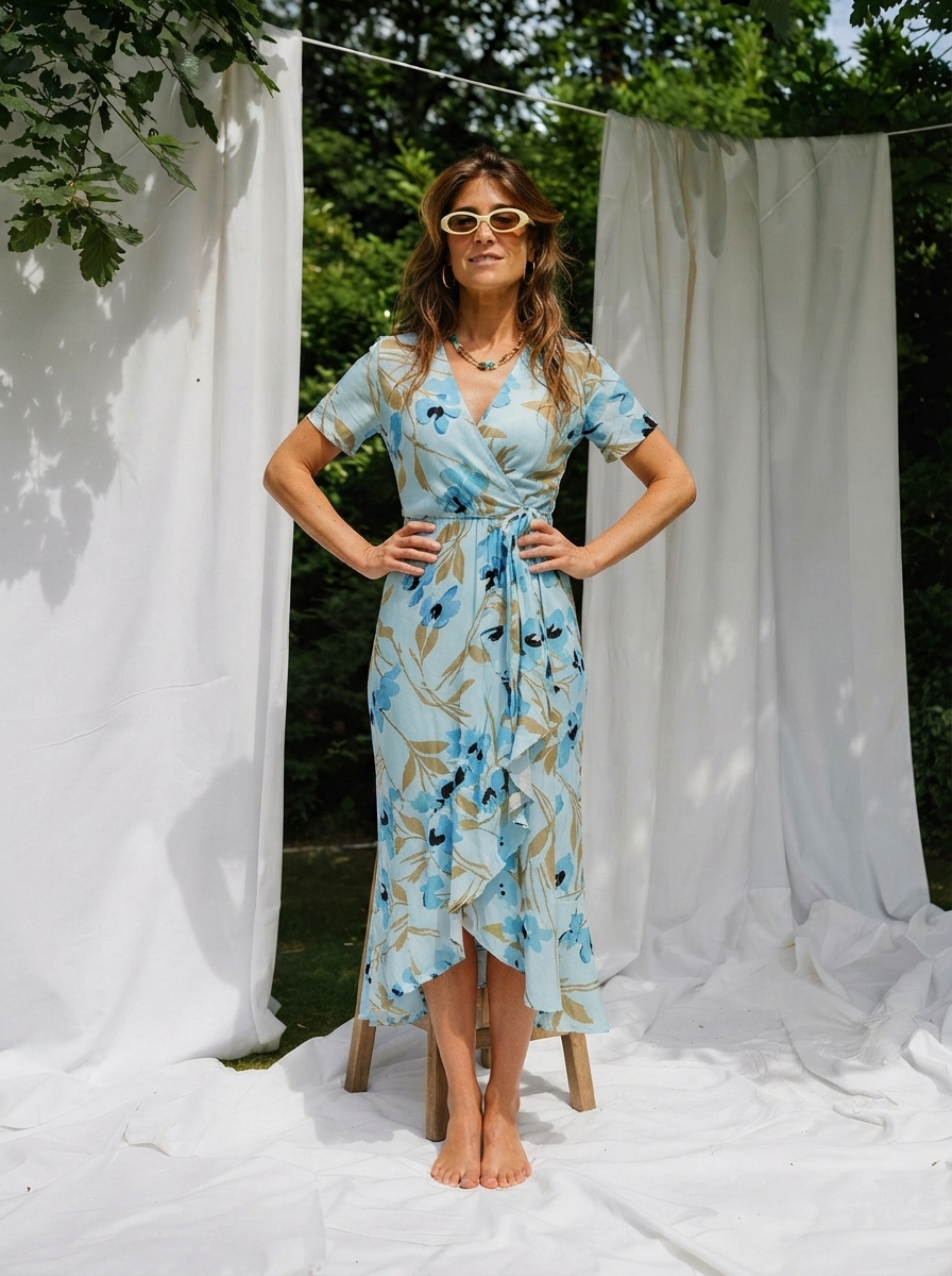 Blue Floral Print Wrap Dress-2