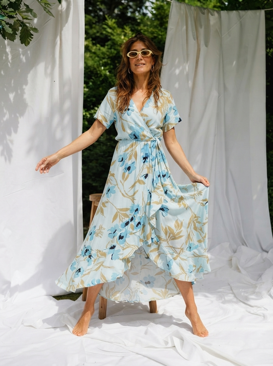 Blue Floral Print Wrap Dress-3