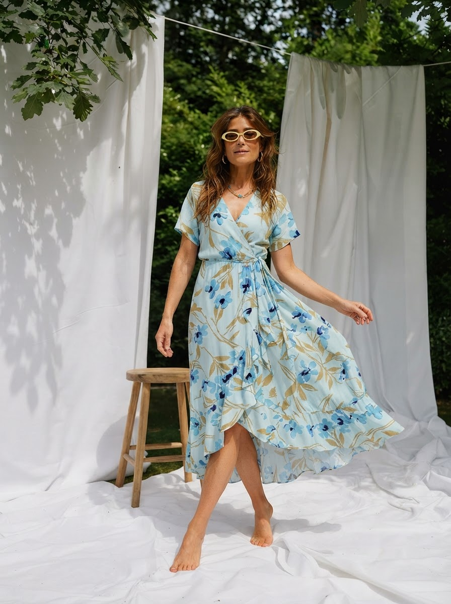 Blue Floral Print Wrap Dress-1