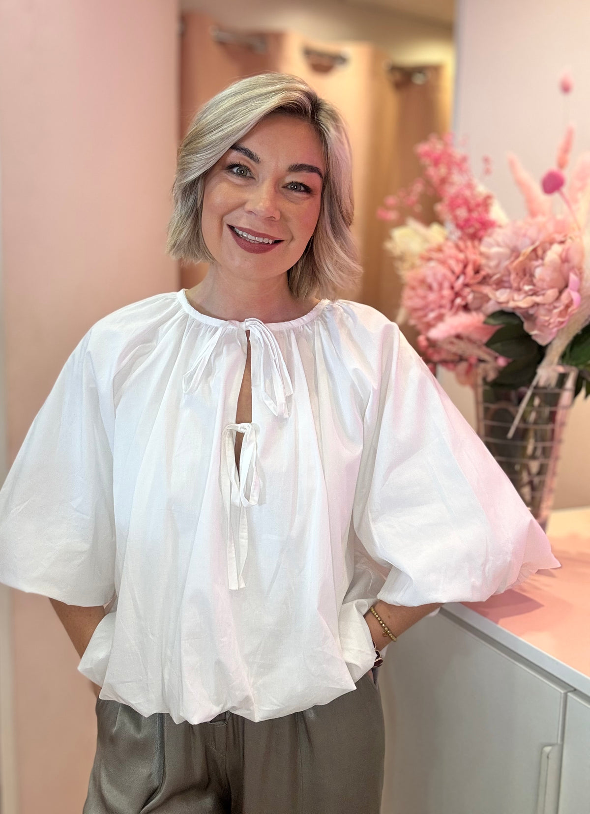 Tie Neck Puff Hem Blouse-8