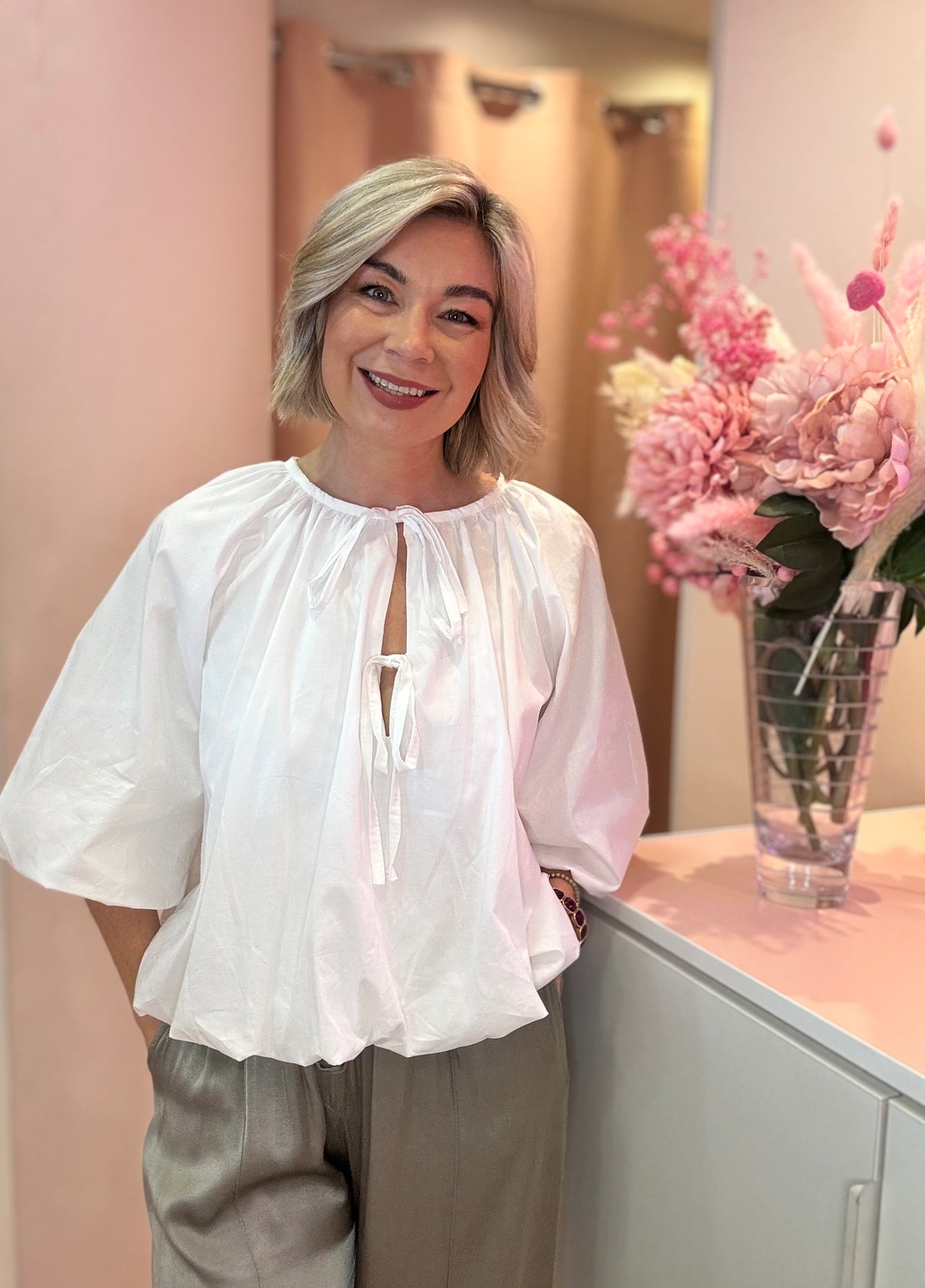 Tie Neck Puff Hem Blouse-5