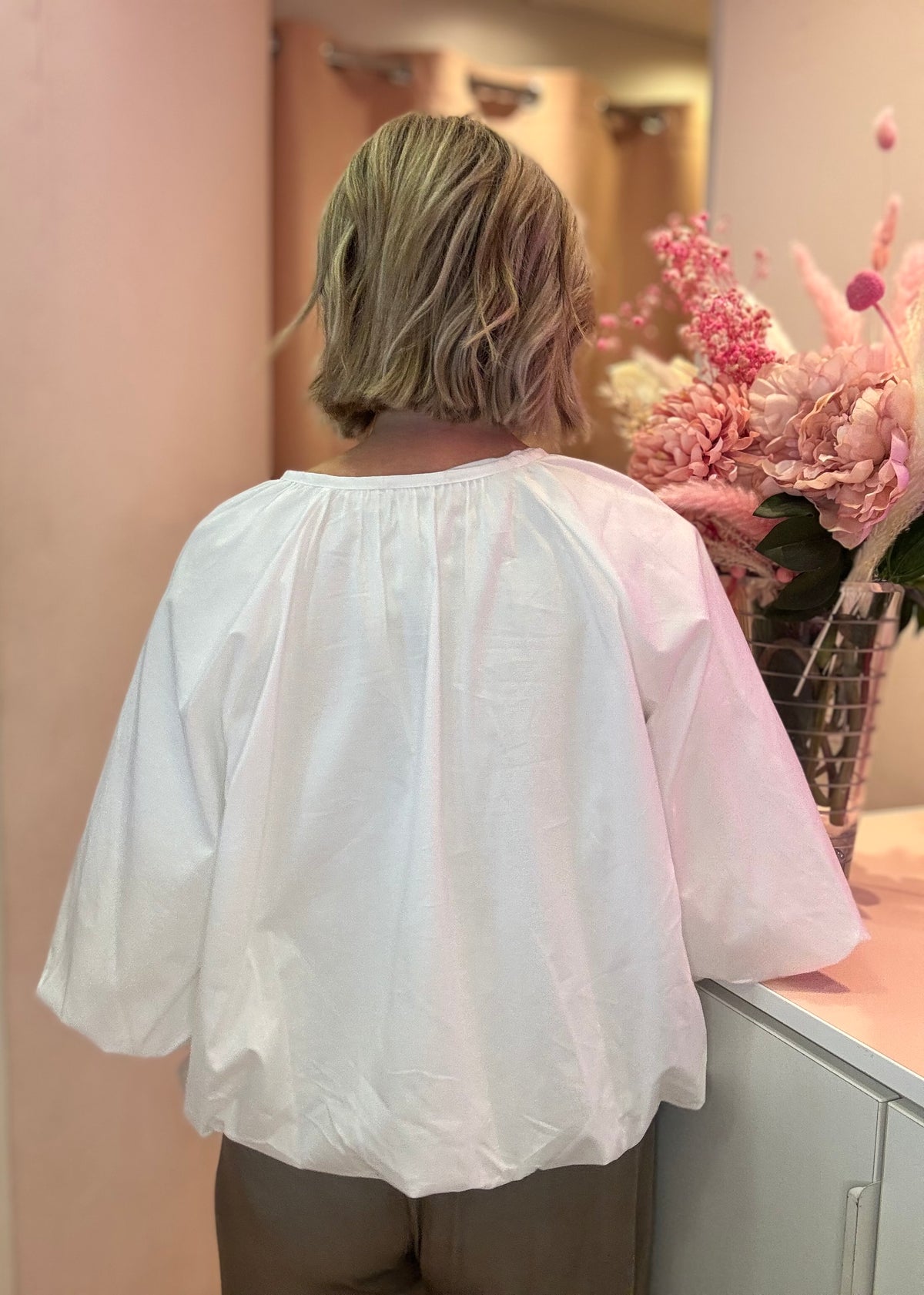 Tie Neck Puff Hem Blouse-3