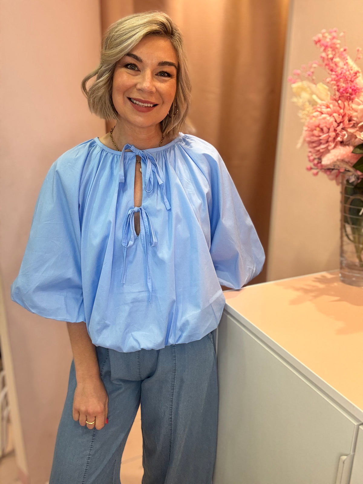 Tie Neck Puff Hem Blouse-1