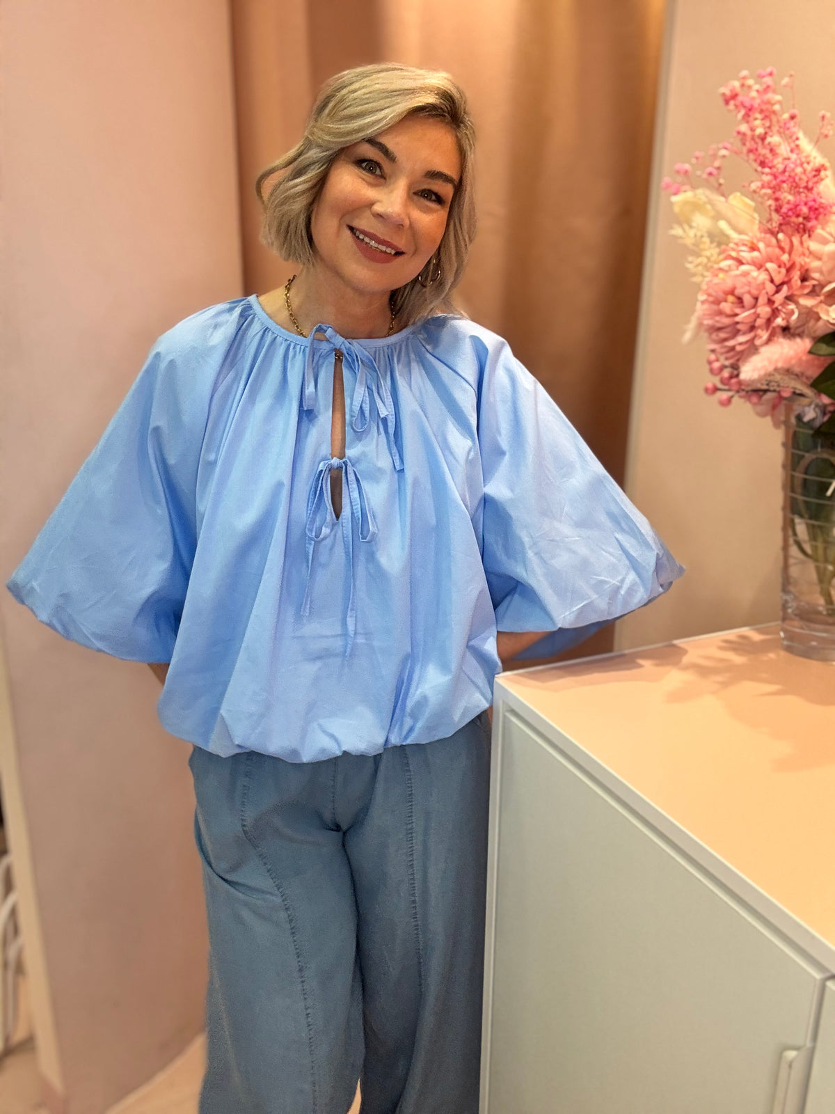 Tie Neck Puff Hem Blouse-9