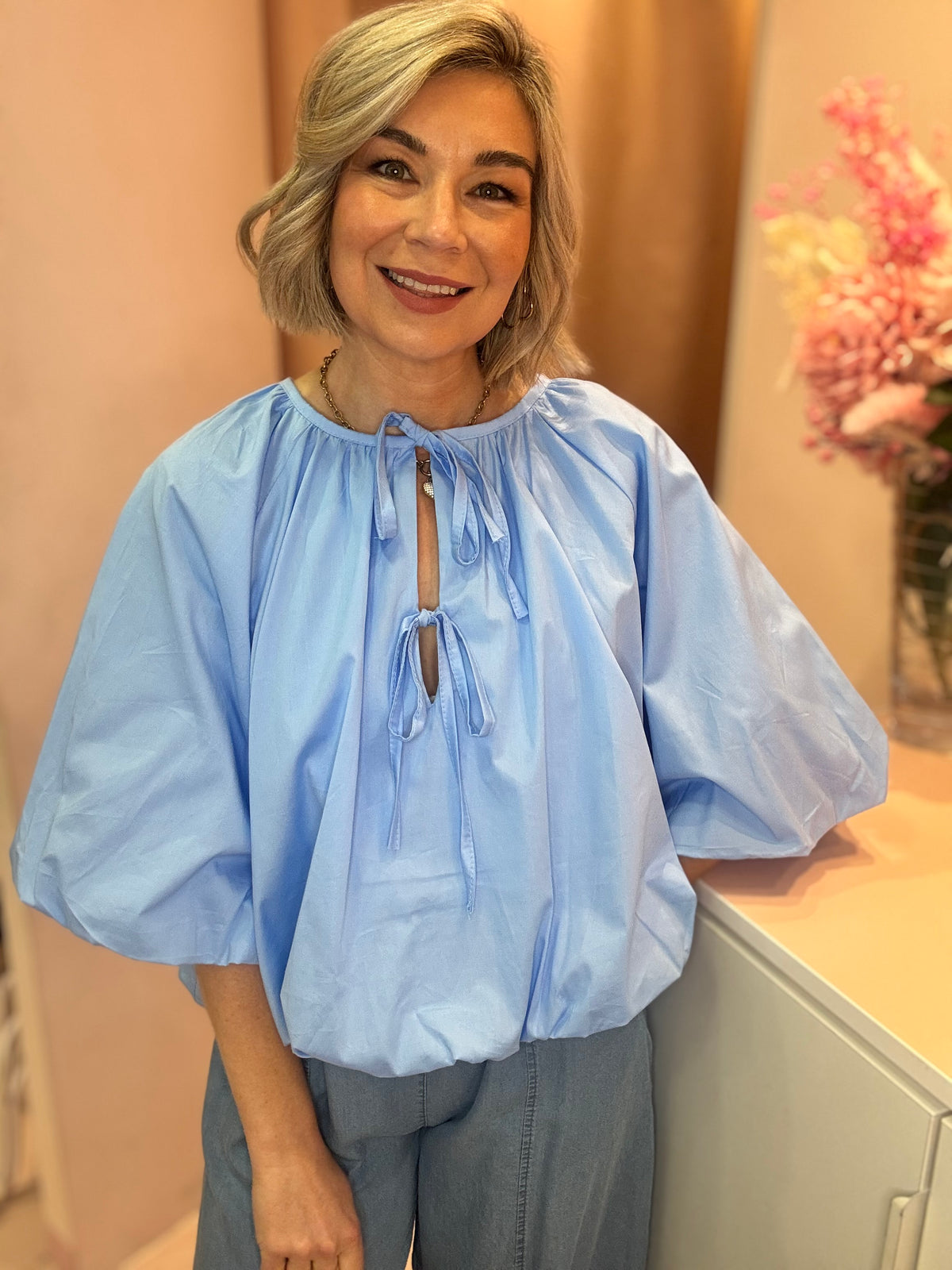 Tie Neck Puff Hem Blouse-6