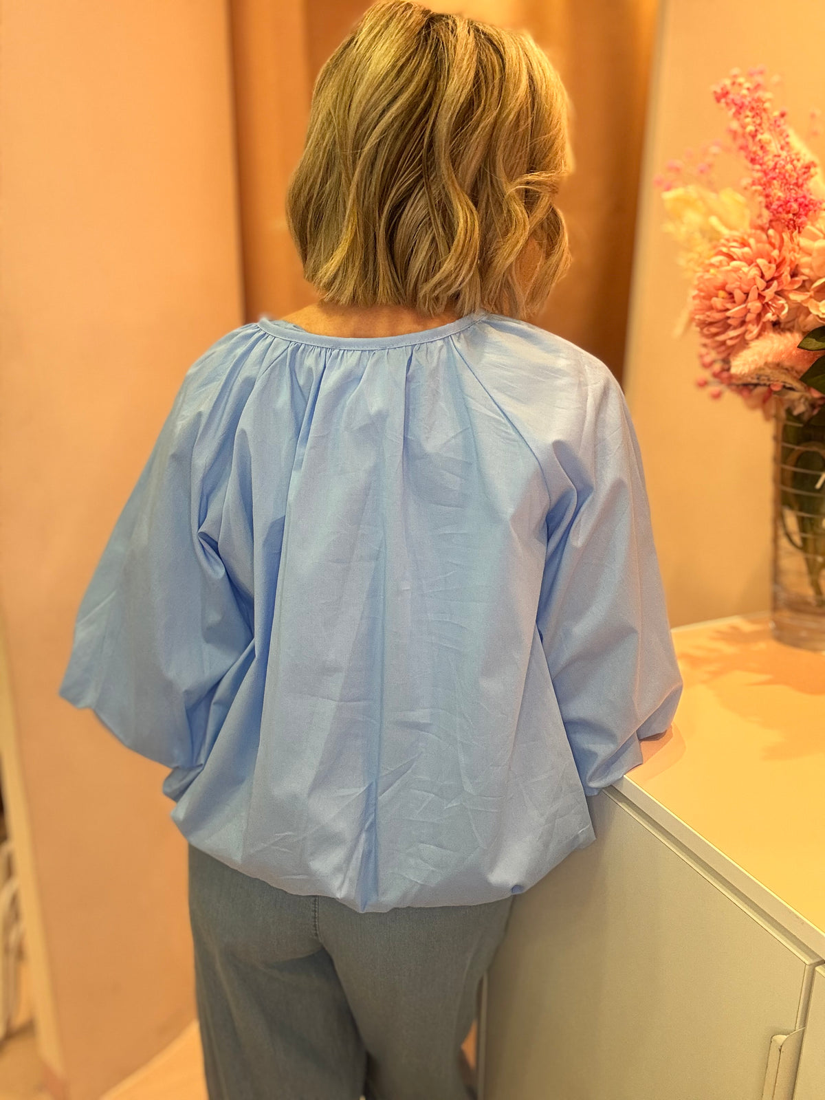 Tie Neck Puff Hem Blouse-11