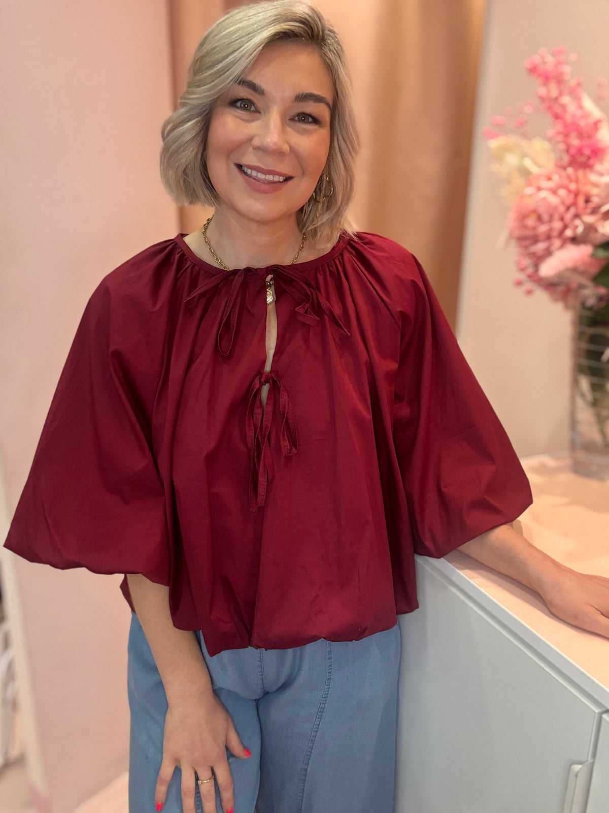 Tie Neck Puff Hem Blouse-2