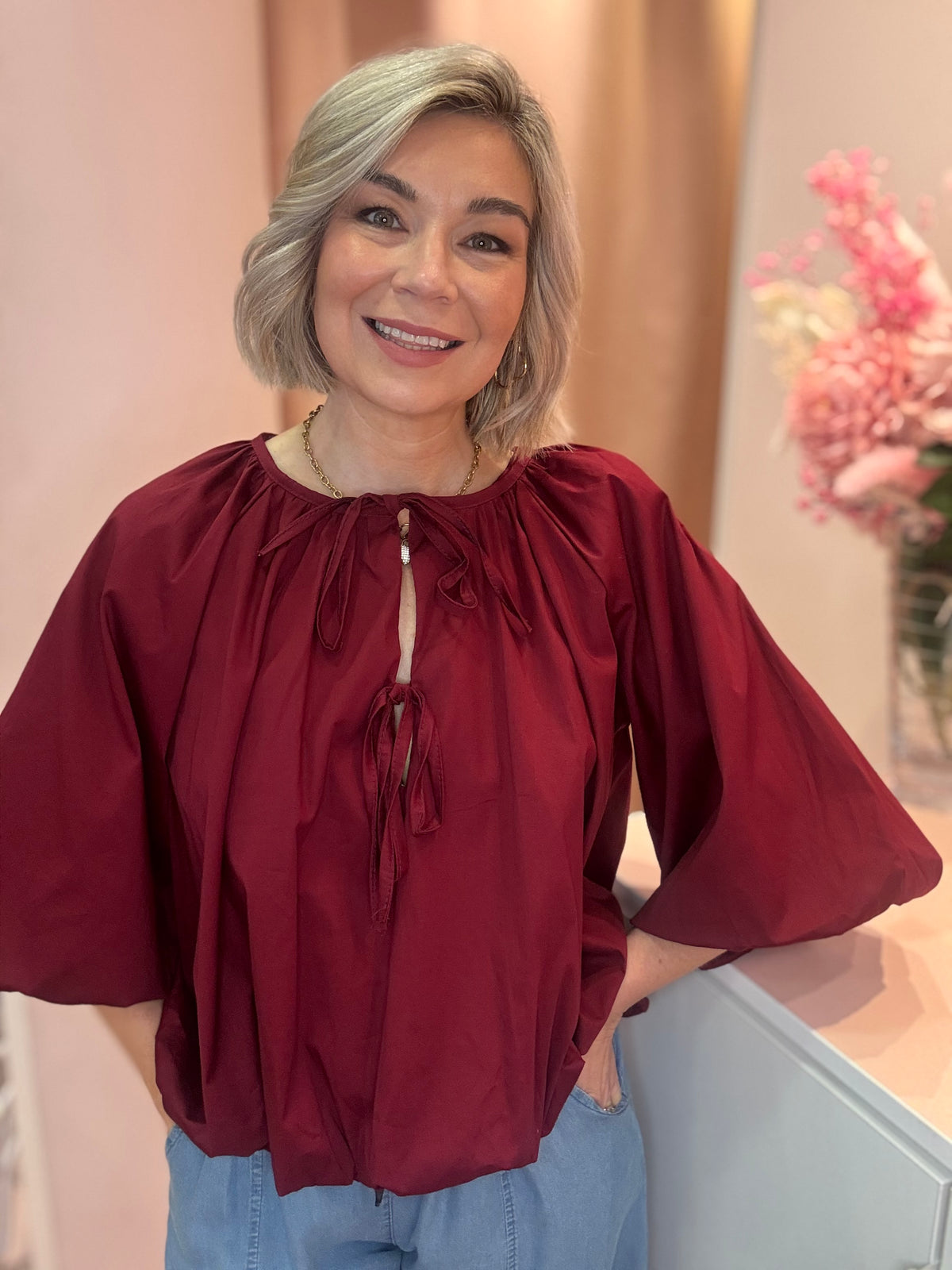 Tie Neck Puff Hem Blouse-10