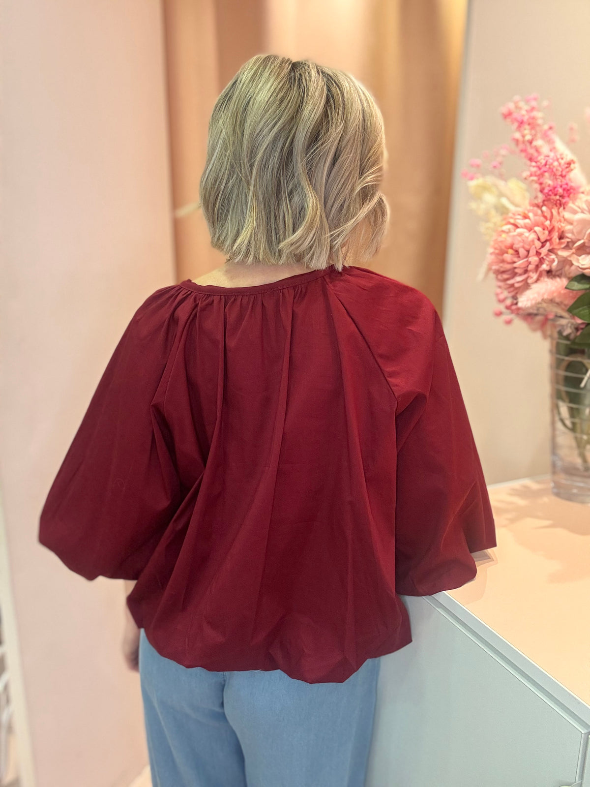 Tie Neck Puff Hem Blouse-12