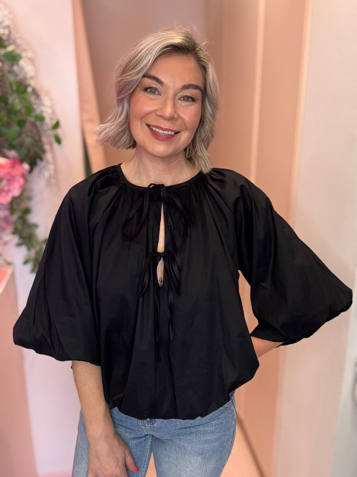 Tie Neck Puff Hem Blouse-4