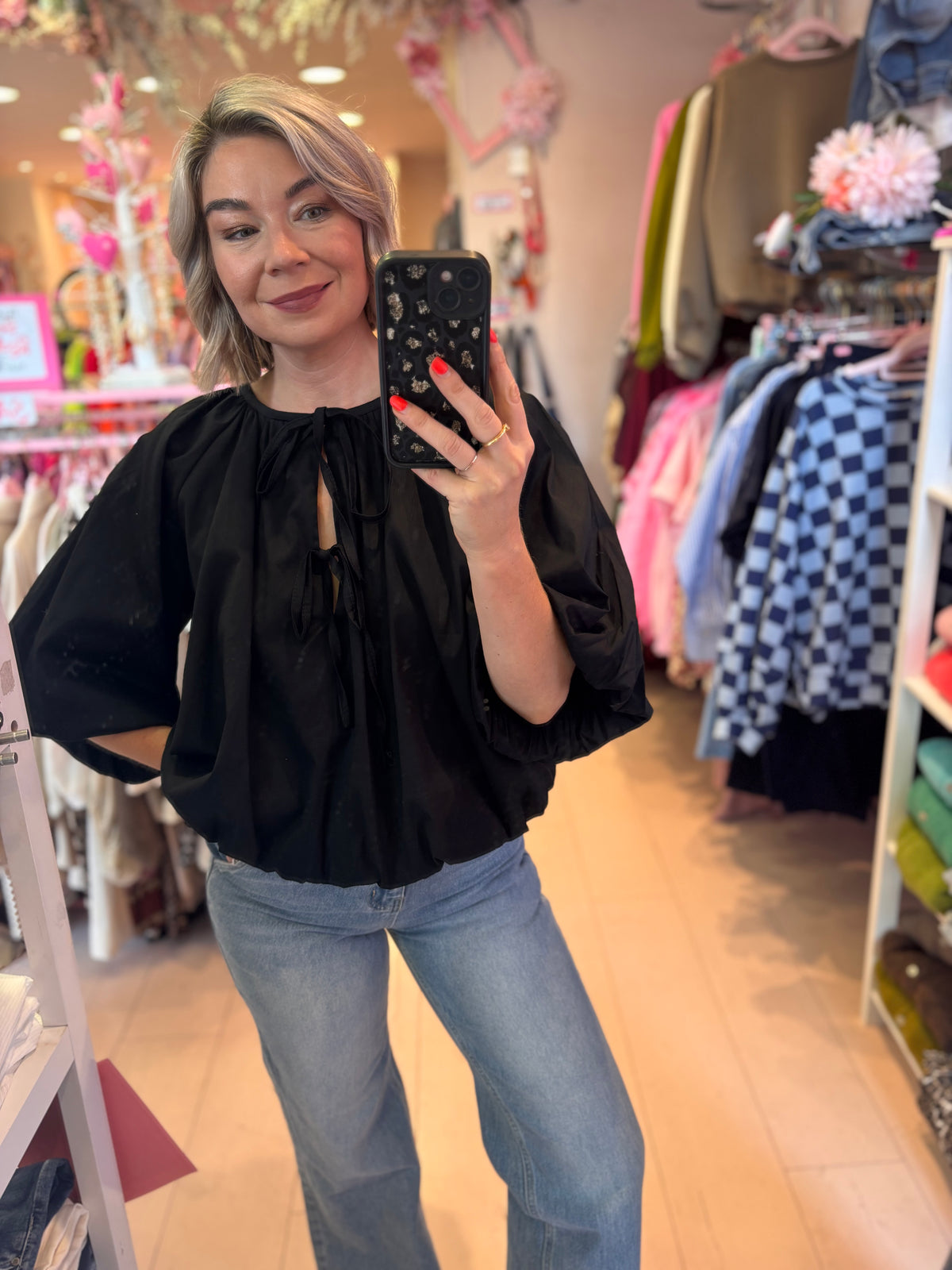 Tie Neck Puff Hem Blouse-7