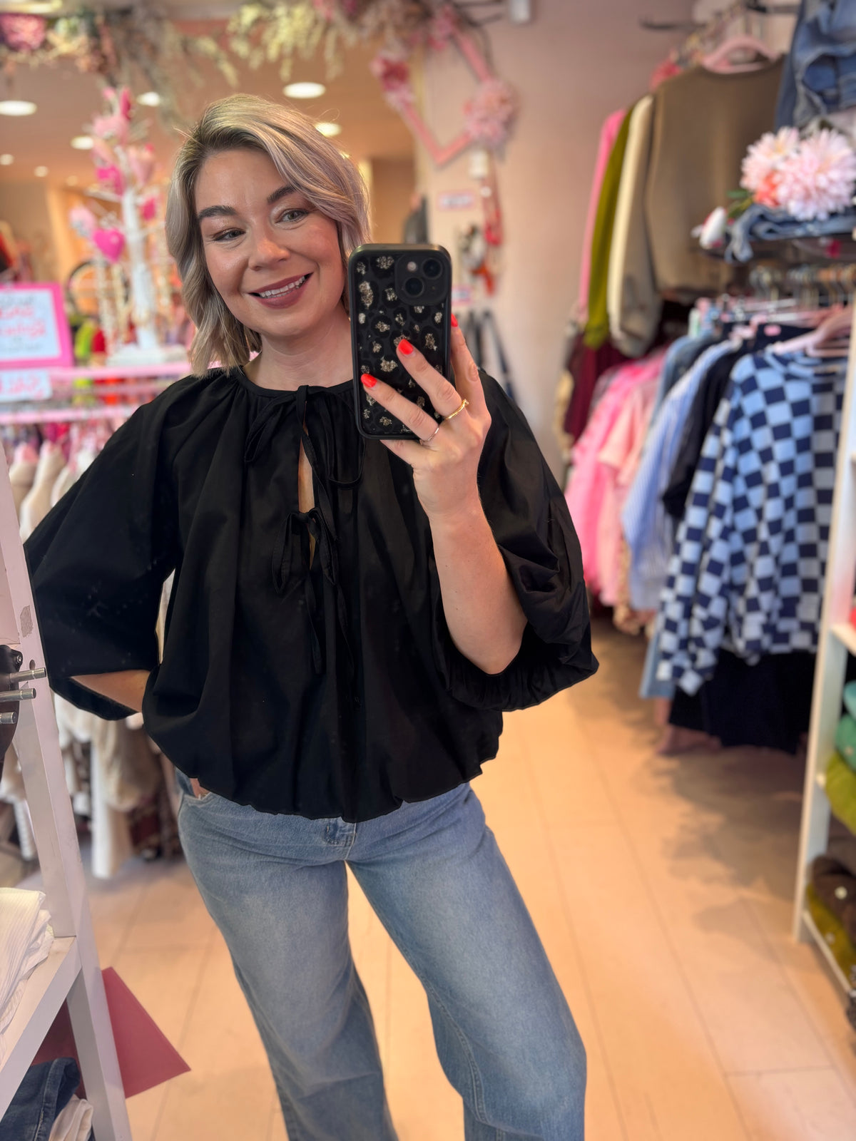 Tie Neck Puff Hem Blouse-13