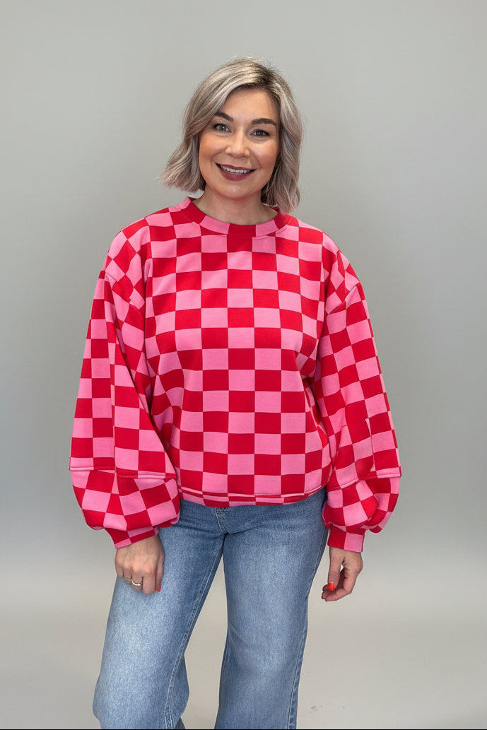 Check Print Balloon Sleeve Sweatshirt-1