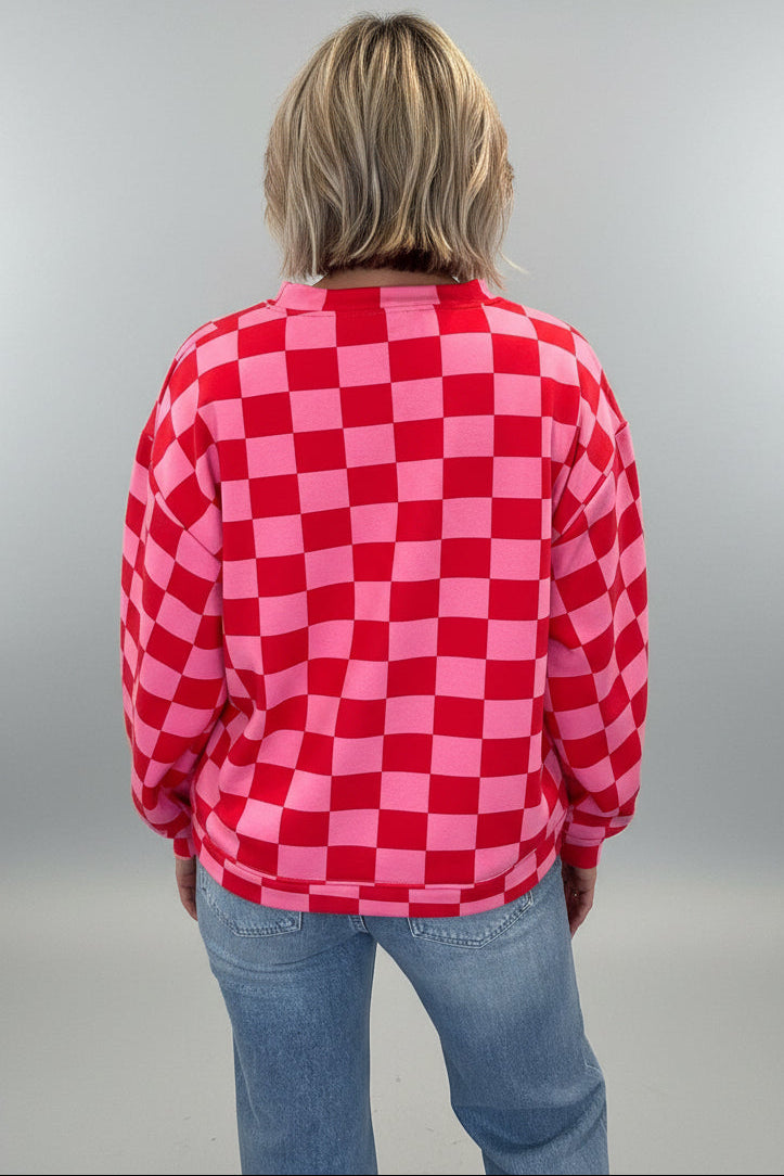 Check Print Balloon Sleeve Sweatshirt-3