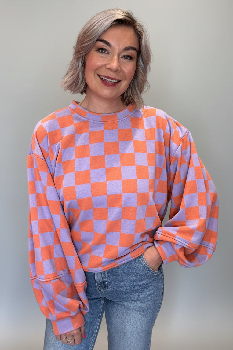 Check Print Balloon Sleeve Sweatshirt-7