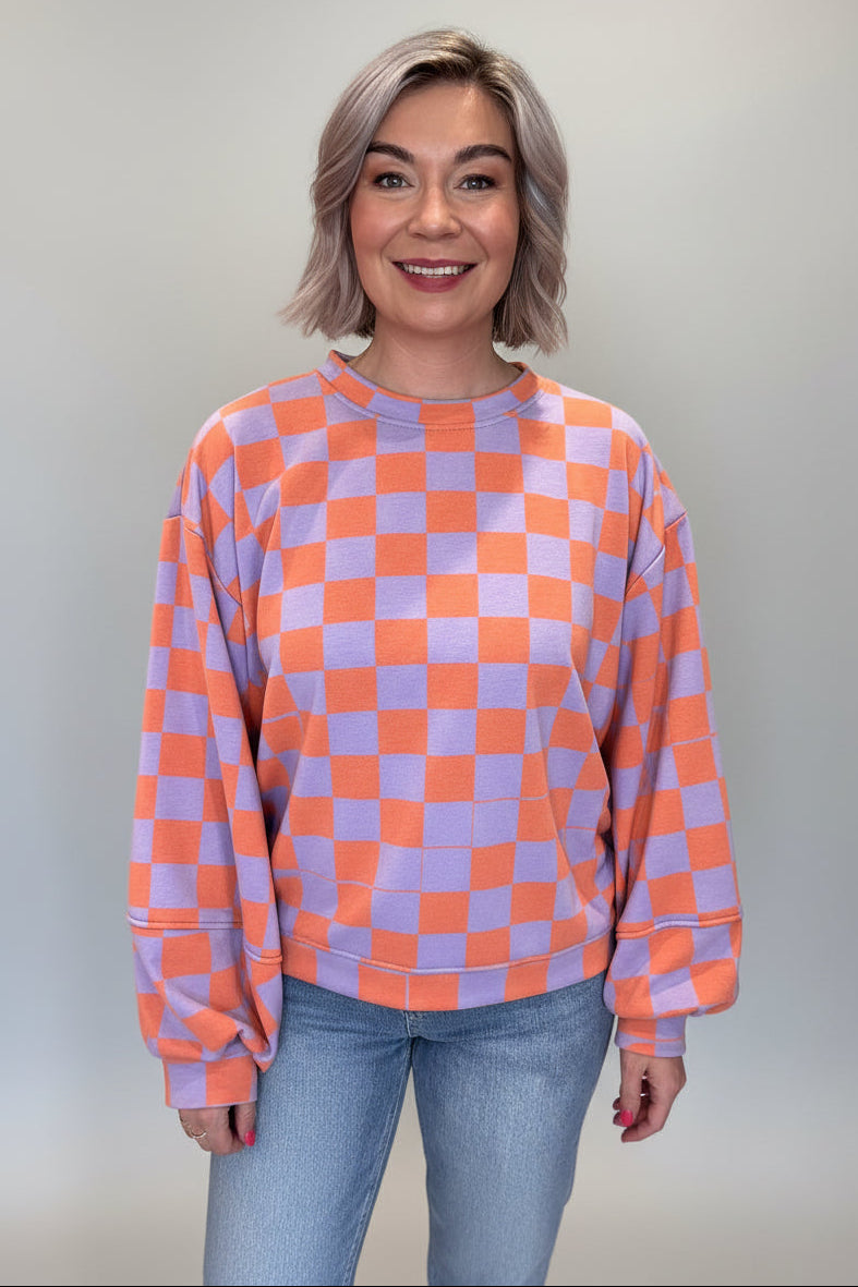 Check Print Balloon Sleeve Sweatshirt-8