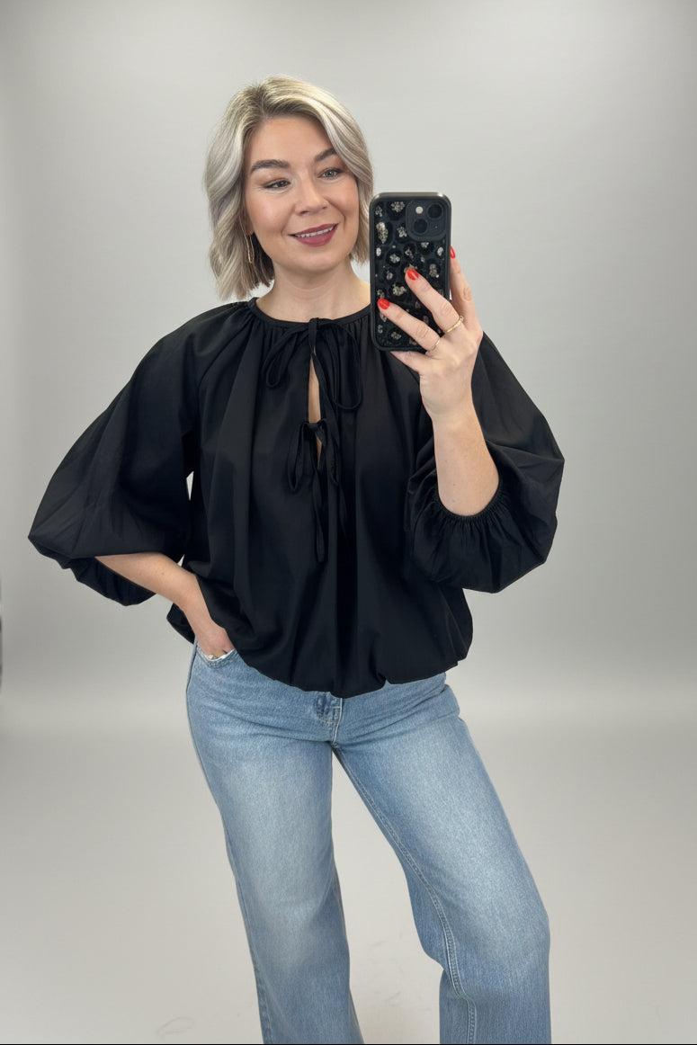 Tie Neck Balloon Sleeve Blouse-5