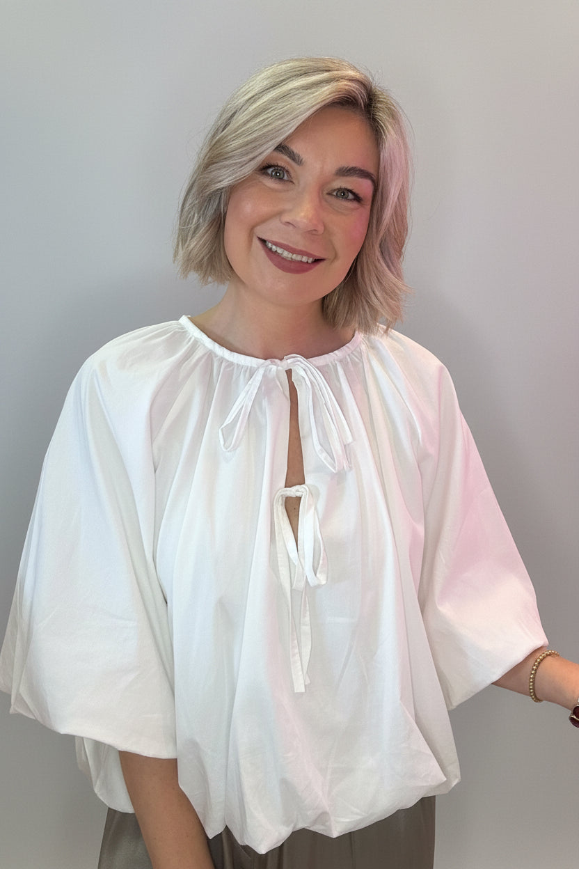 Tie Neck Balloon Sleeve Blouse-1