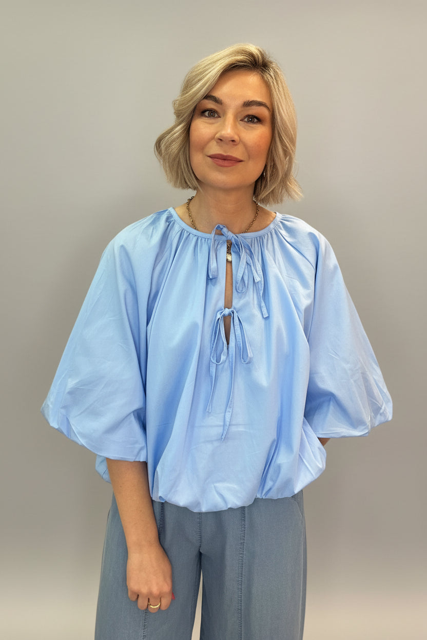 Tie Neck Balloon Sleeve Blouse-3