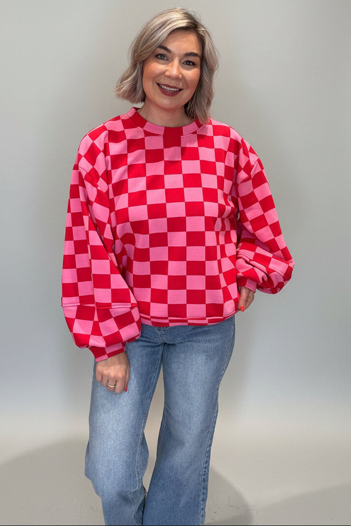 Check Print Balloon Sleeve Sweatshirt-2