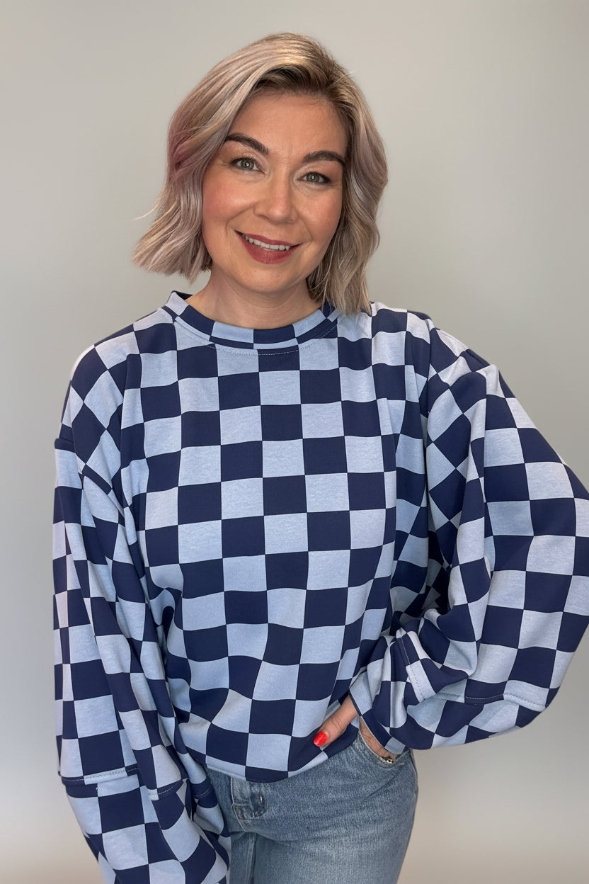 Check Print Balloon Sleeve Sweatshirt-5