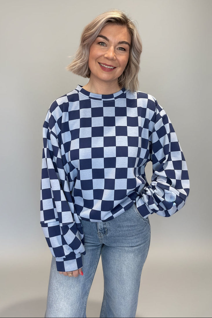Check Print Balloon Sleeve Sweatshirt-4